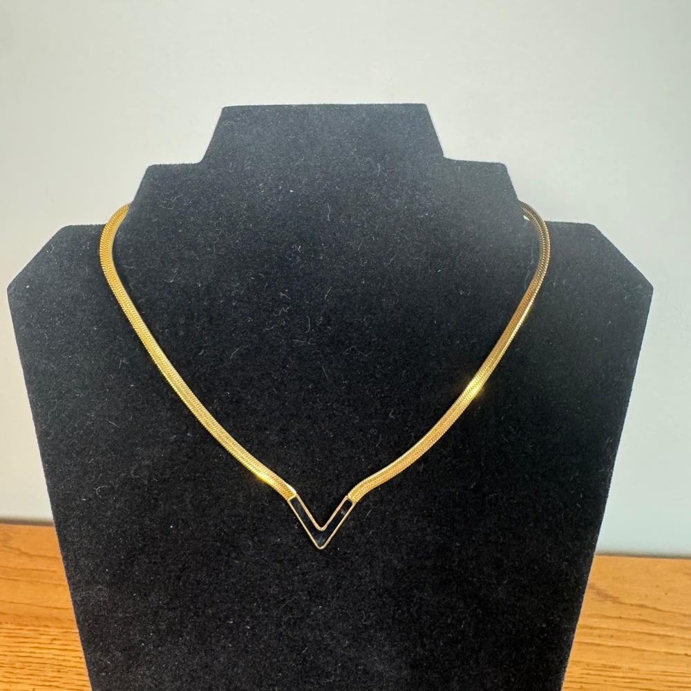 Gold Tone V Shape Black Enamel Snake Chain Necklace